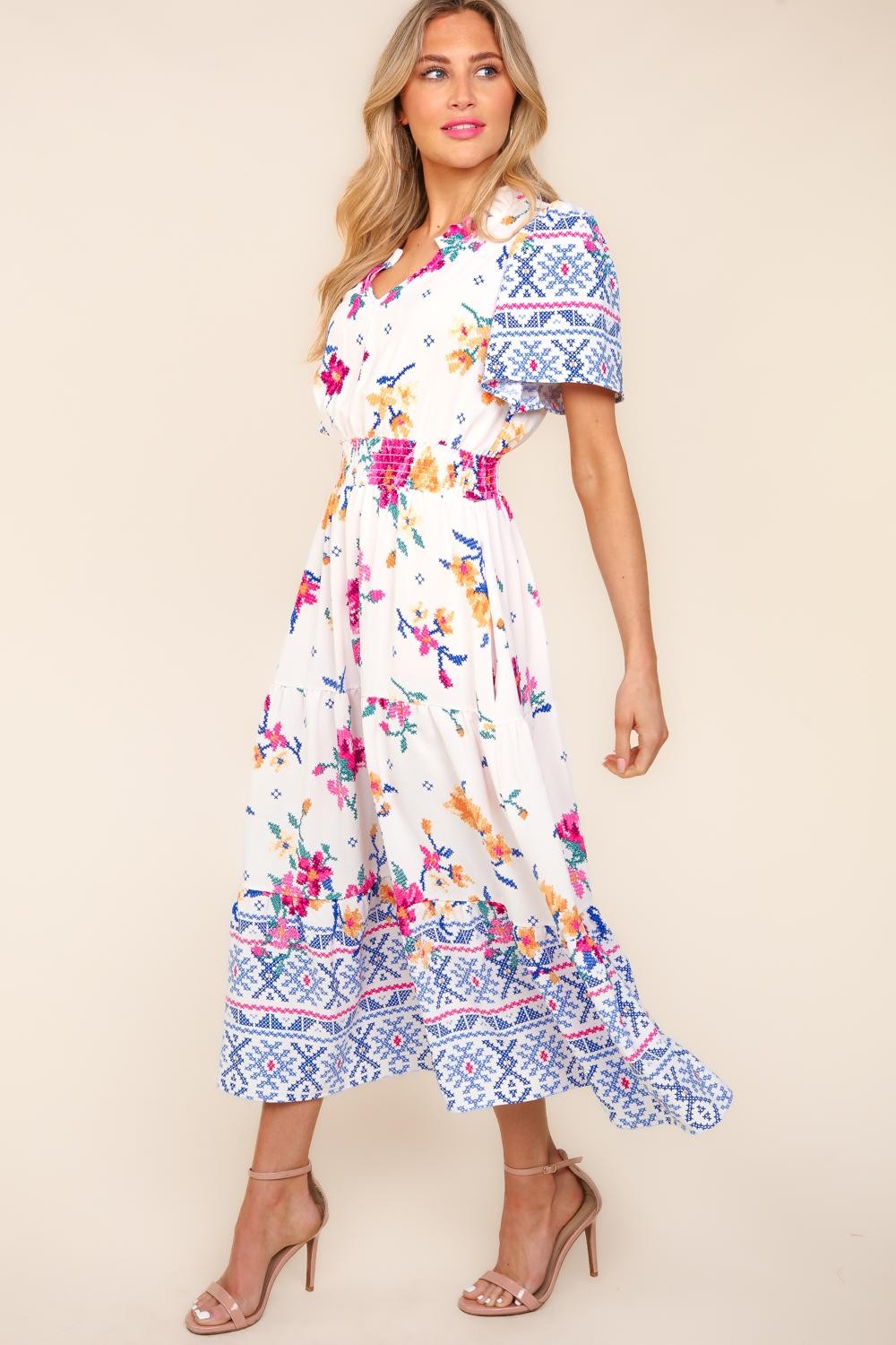 Haptics Printed Notched Short Sleeve Tiered Dress