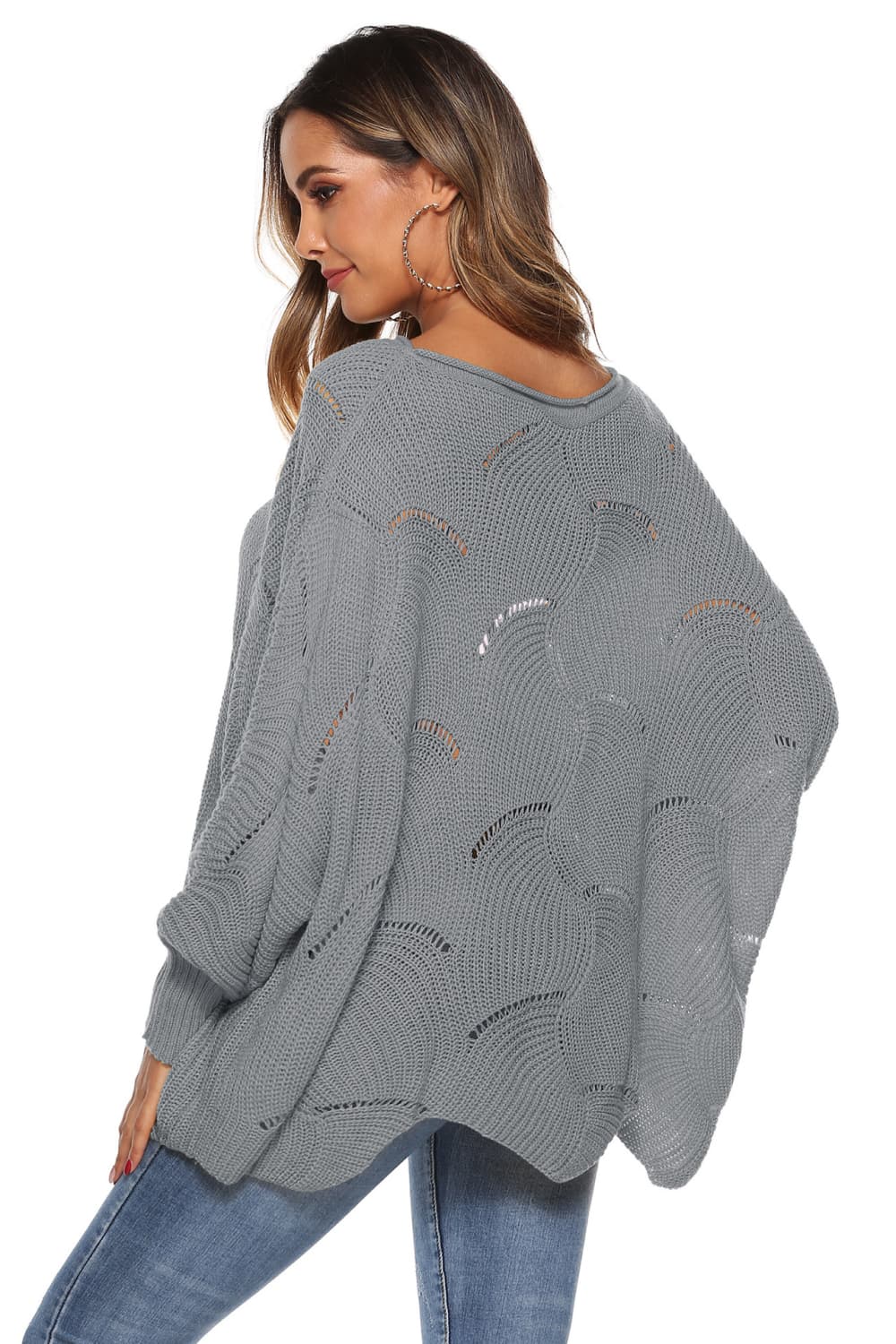 Round Neck Long Sleeve Openwork Sweater