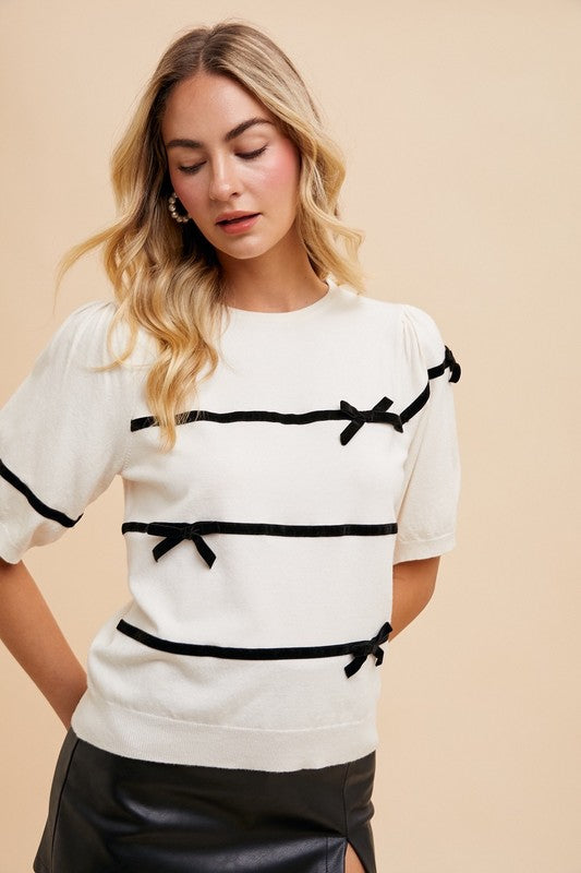 Annie Wear Striped Bow Round Neck Knit Top