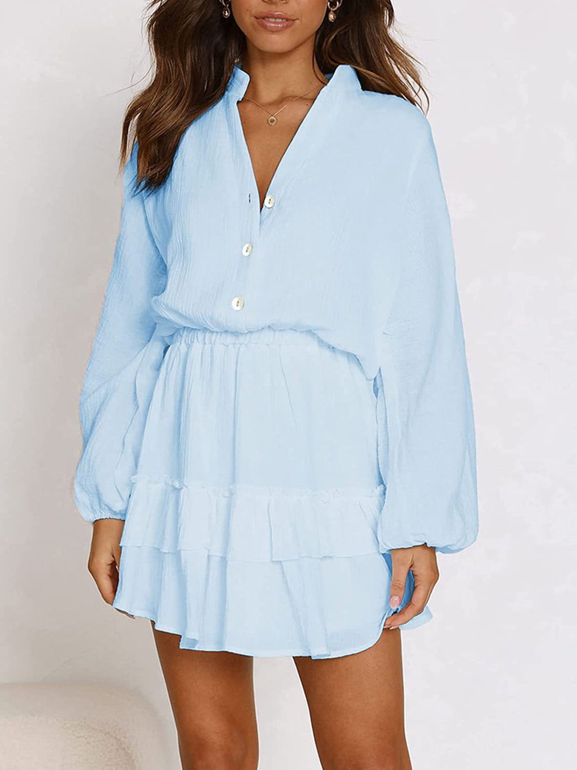 Ruffled Notched Balloon Sleeve Mini Dress