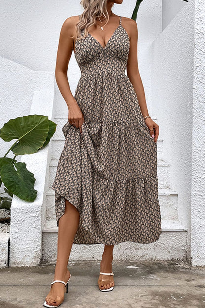 Perfee Printed Spaghetti Strap Tie Back Dress