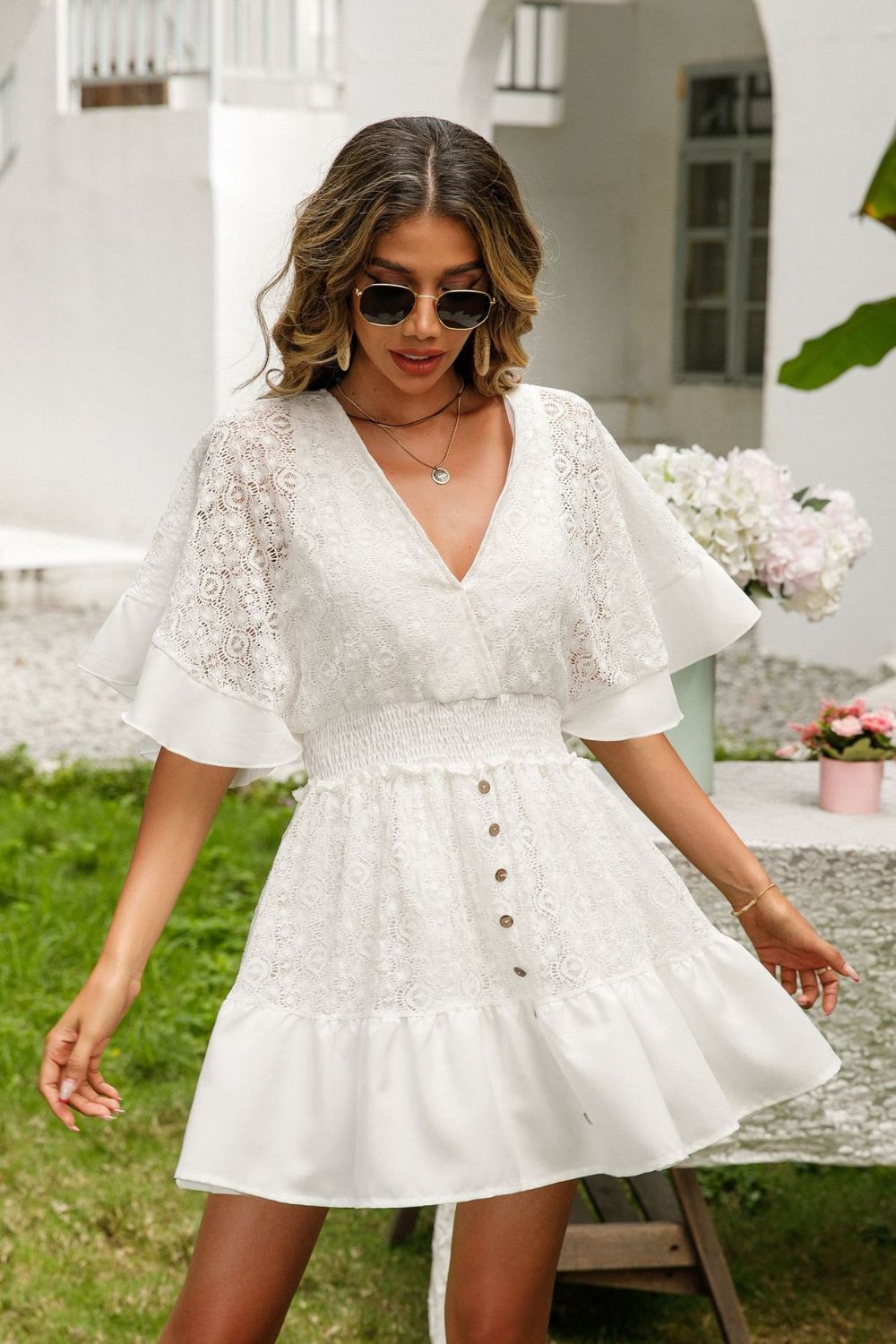 Lace Cutout Surplice Half Sleeve Dress