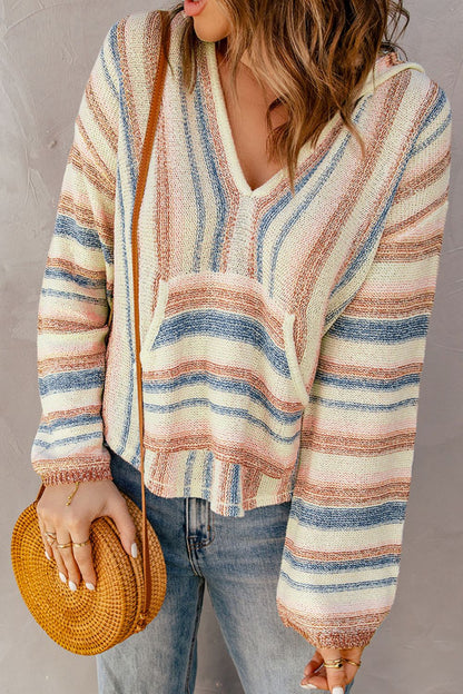 Contrast Striped Dropped Shoulder Hooded Knit Top