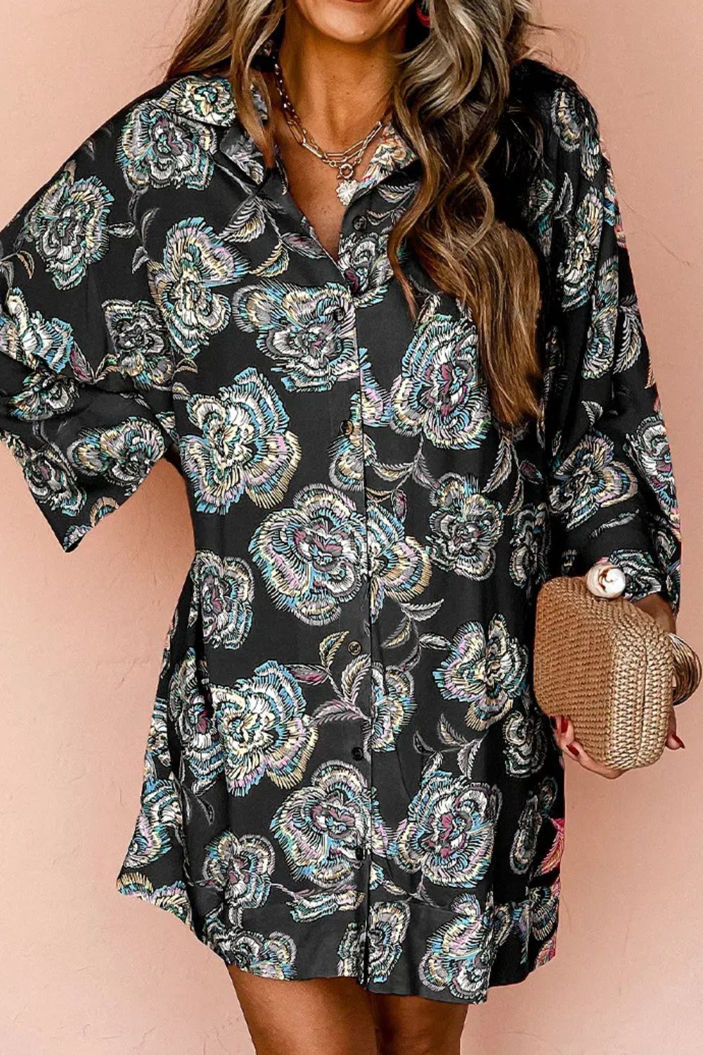 Printed Button Up Three-Quarter Sleeve Shirt Dress