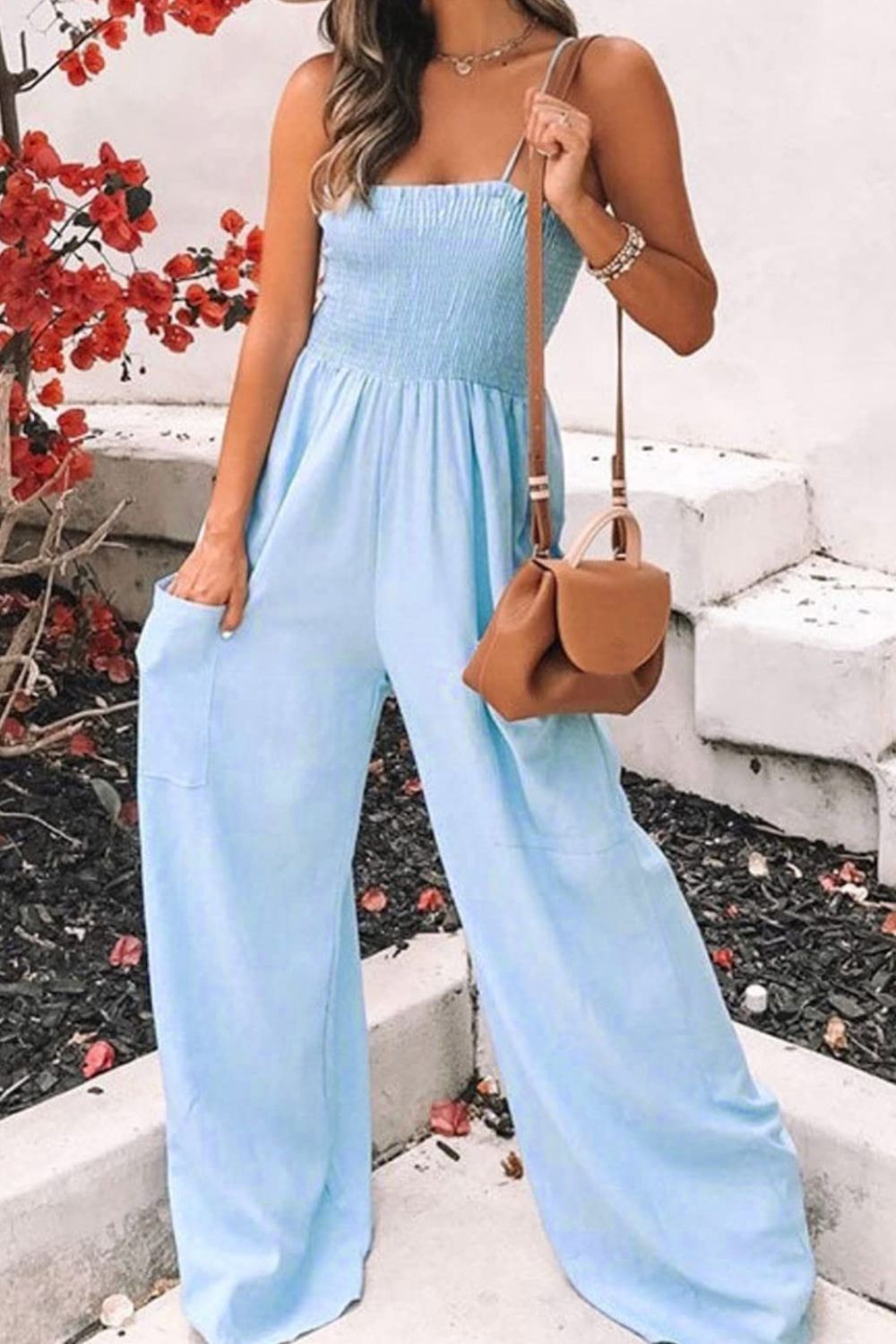 Smocked Spaghetti Strap Wide Leg Jumpsuit