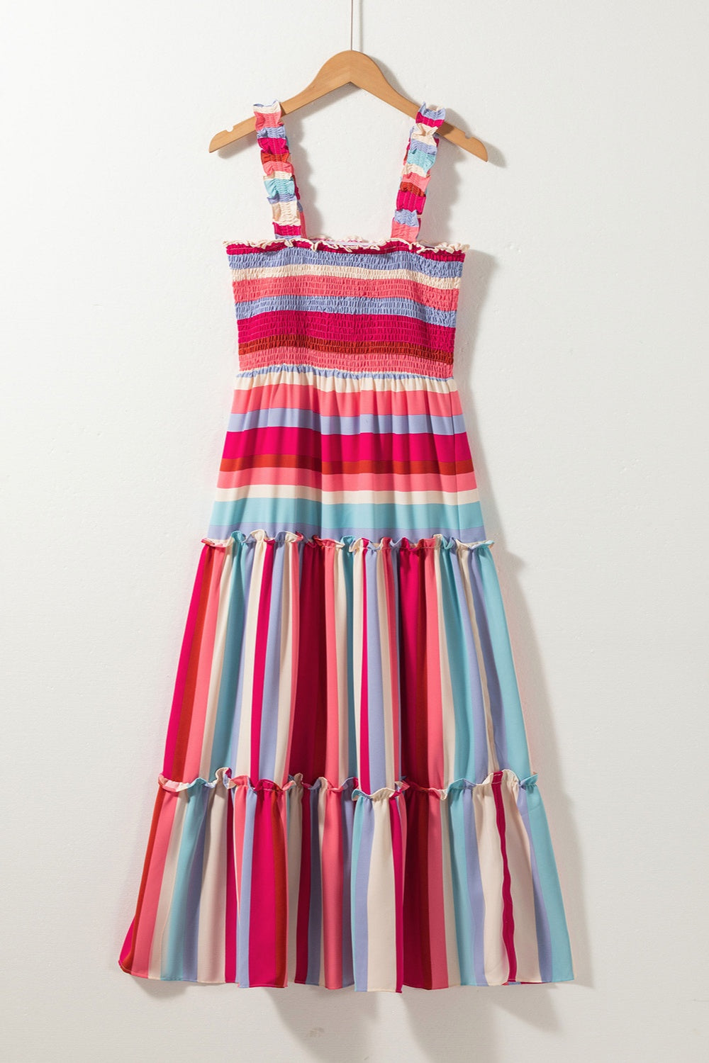 Striped Frill Smocked Tiered Midi Dress