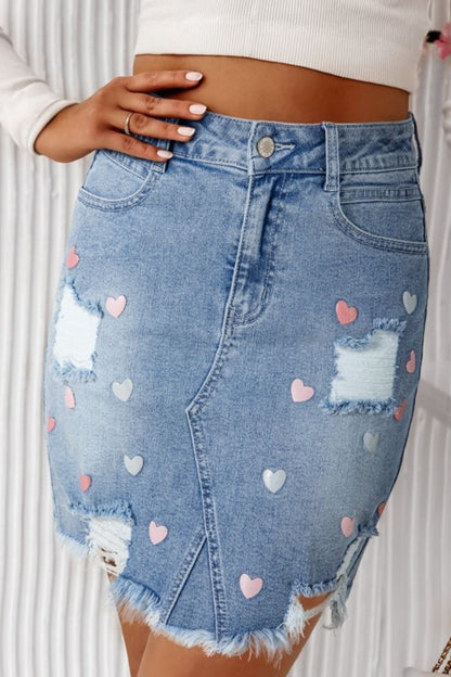 Distressed Raw Hem Heart Denim Skirt