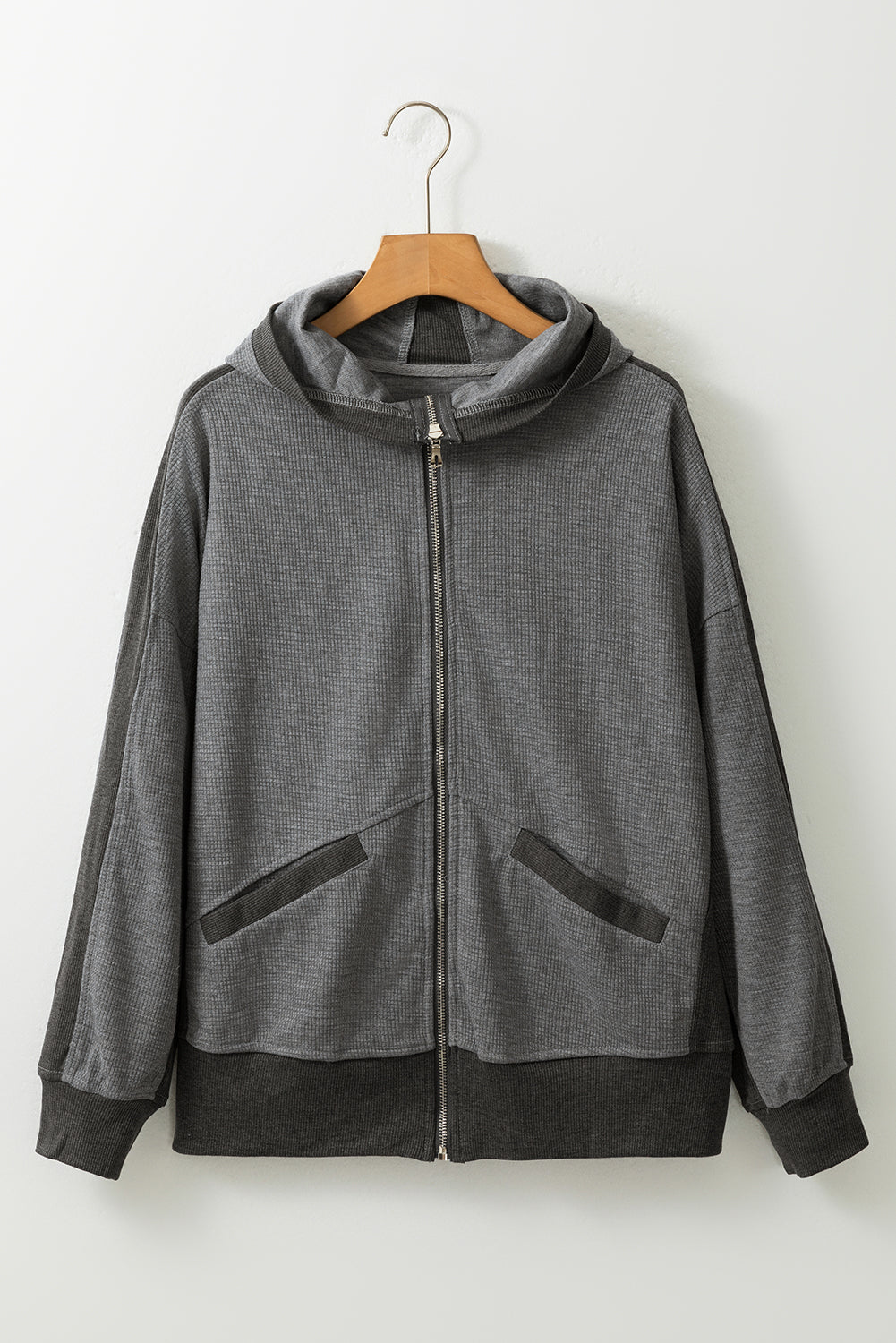 Waffle-Knit Pocketed Zip Up Hooded Jacket