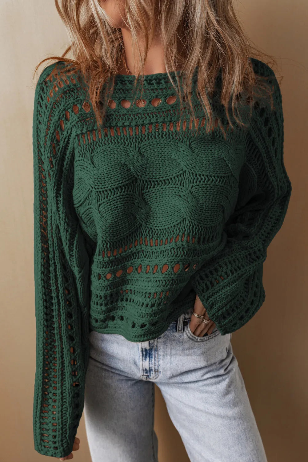 Cable-Knit Openwork Long Sleeve Sweater