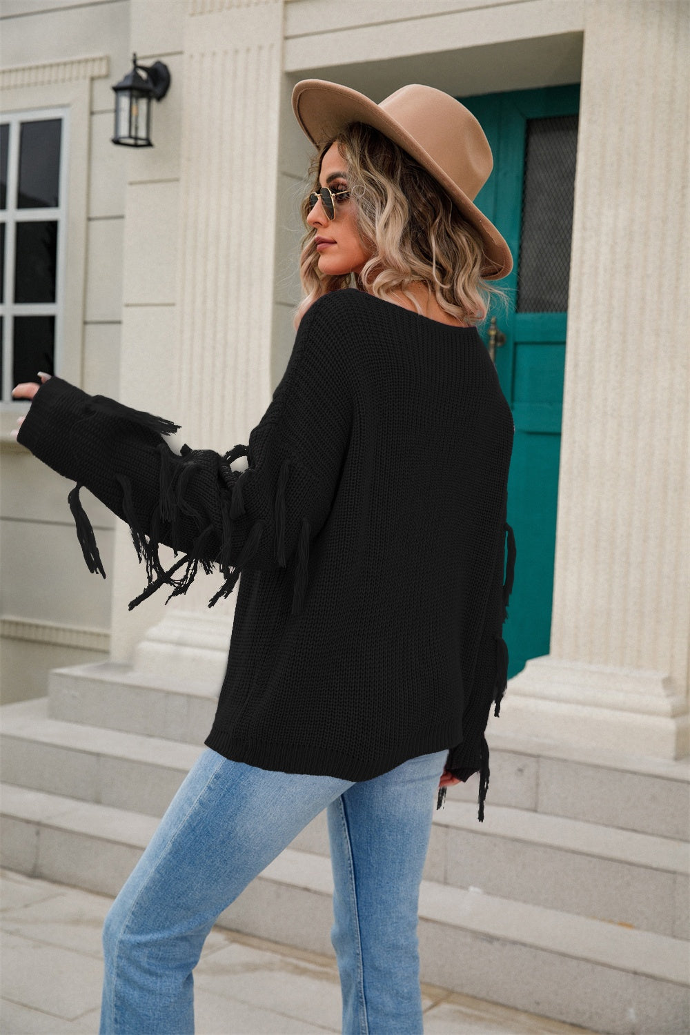 Angel Wings Fringe Round Neck Dropped Shoulder Sweater