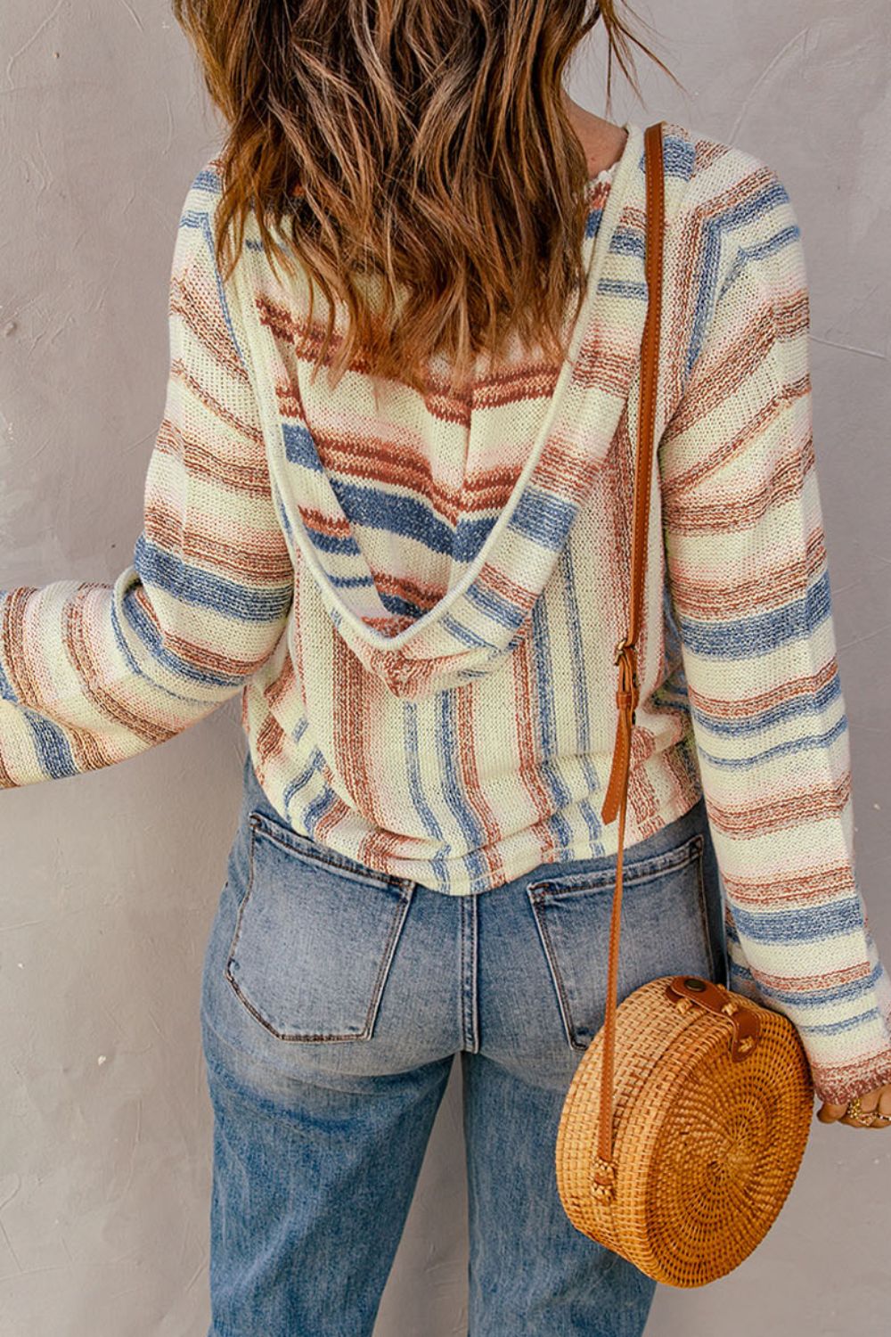 Contrast Striped Dropped Shoulder Hooded Knit Top