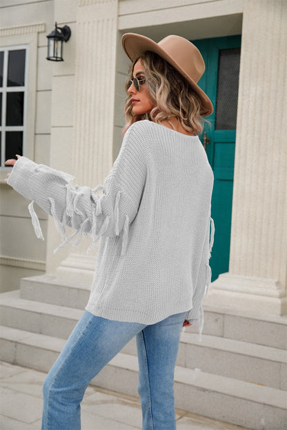 Angel Wings Fringe Round Neck Dropped Shoulder Sweater